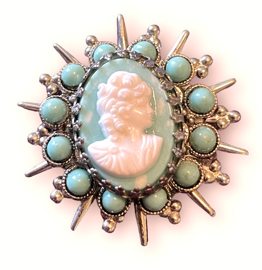 Turquoise & Cream Celluloid Silver with Openwork pppBrooch