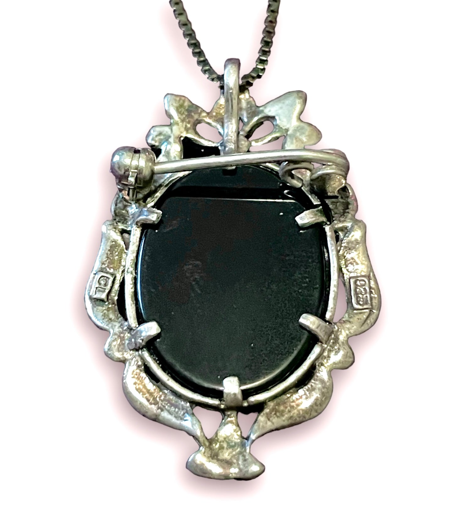 Sterling Silver Cameo & Marcasite Mother of Pearl & Onyx Necklace
