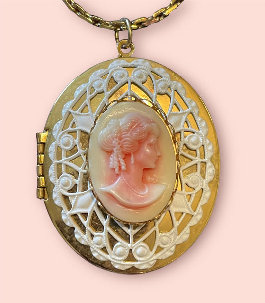 Pink & White Celluloid Lace Gold Cameo Vintage Locket Necklace