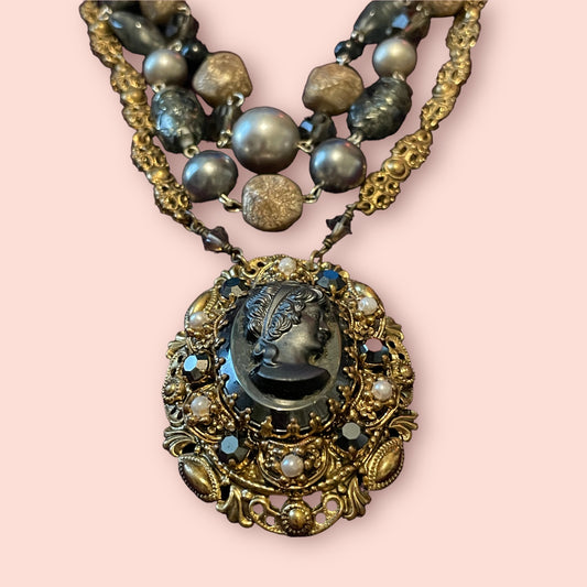 West German Black Mourning Cameo Beaded Necklace in Brass Filigree & Crystal Rhinestones