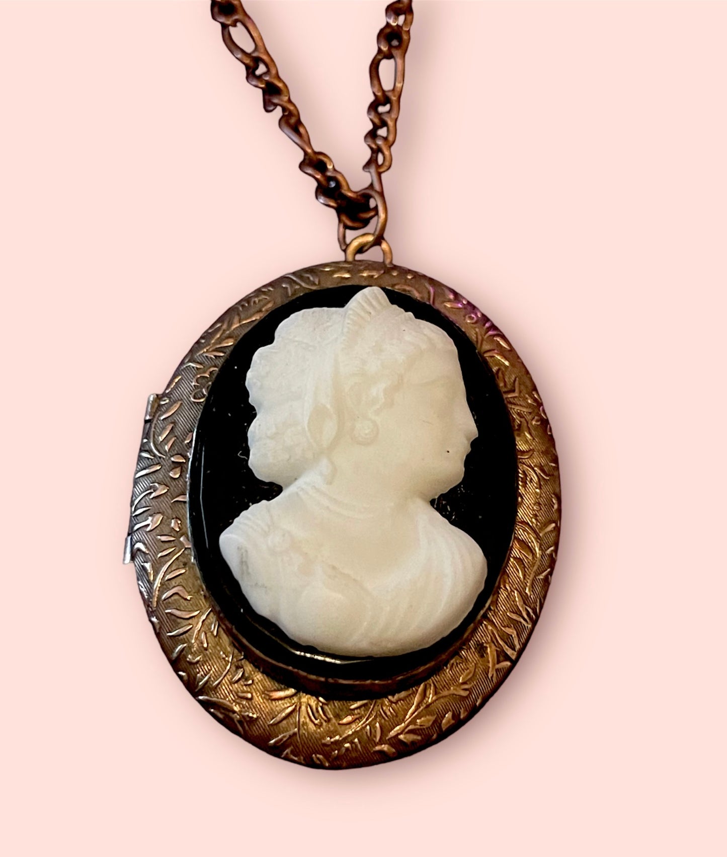 Copper Art Nouveau Black & White Mourning Cameo Locket Necklace