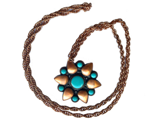 Bell Copper Sunburst Necklace with Faux Turquoise Cabochons c.1940