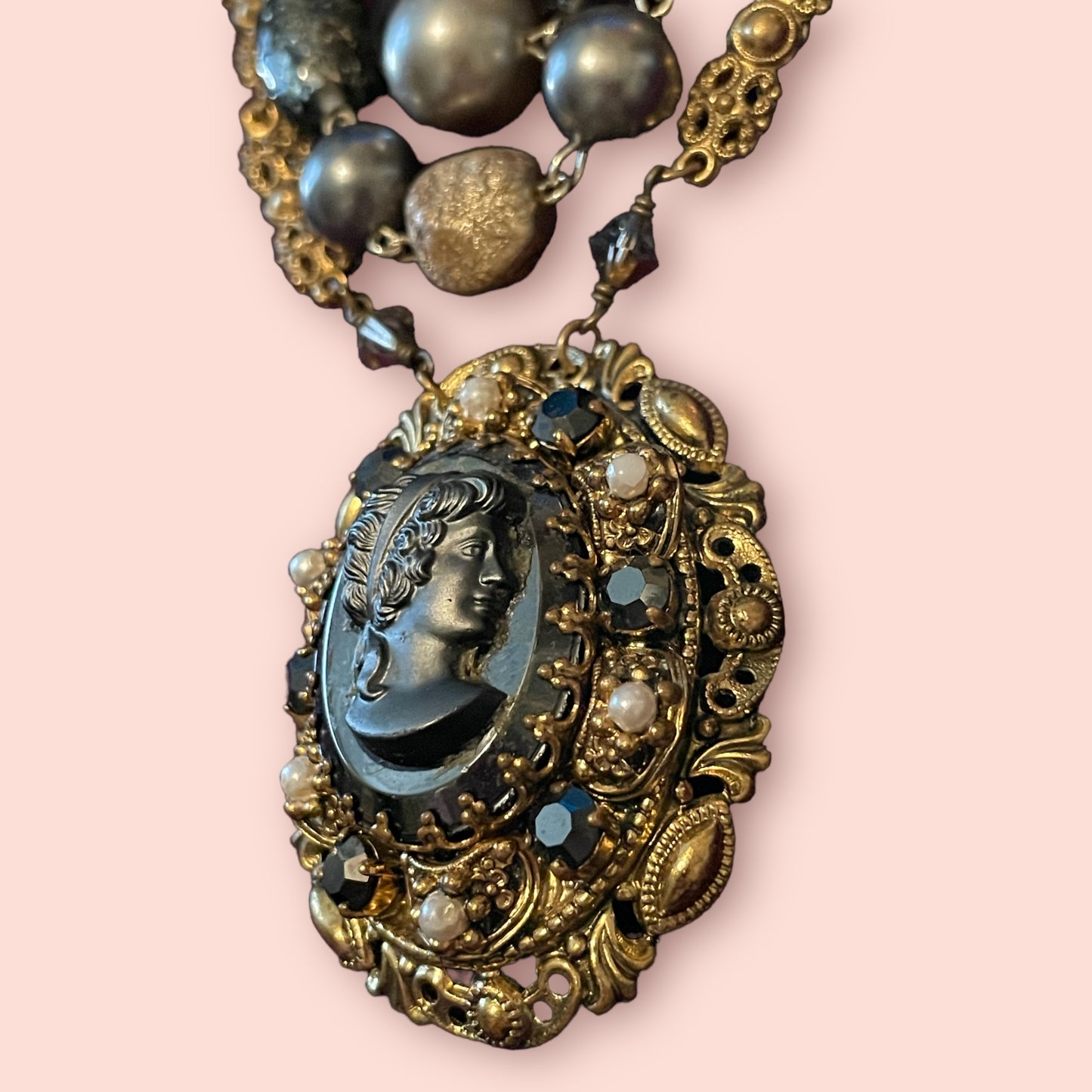 West German Black Mourning Cameo Beaded Necklace in Brass Filigree & Crystal Rhinestones