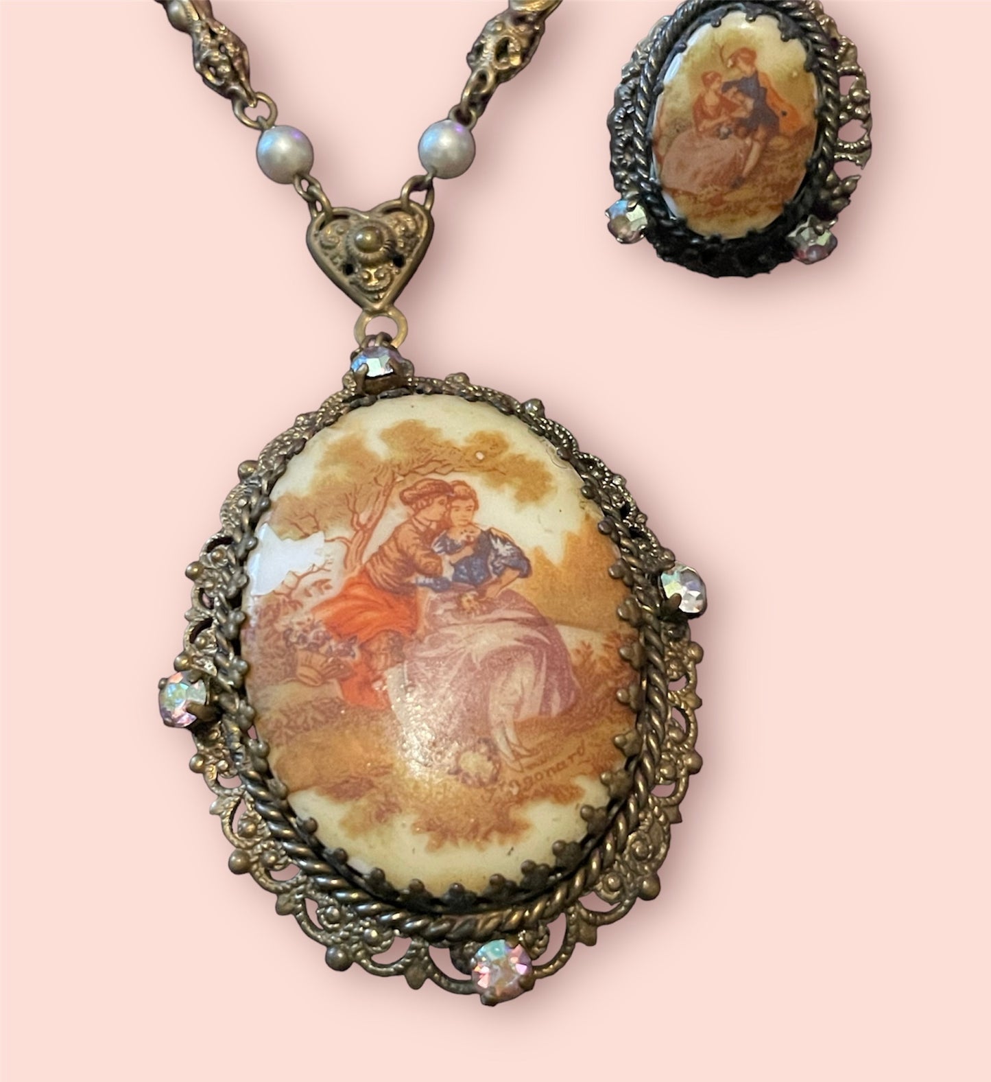 West German Vintage Limogé Courting Couple Brass Filigree Cameo Necklace & Earring Set