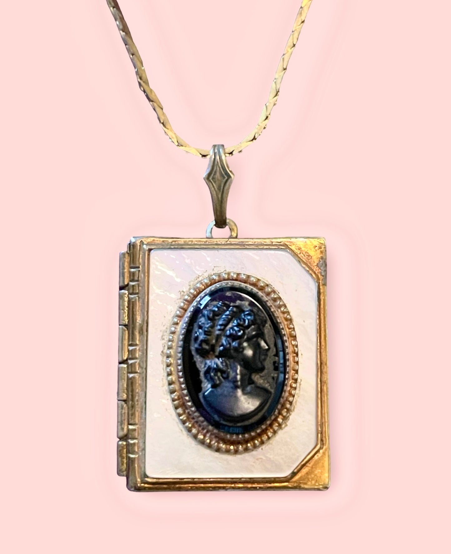 Mother of Pearl & Black Glass Cameo Book Locket Vintage Necklace