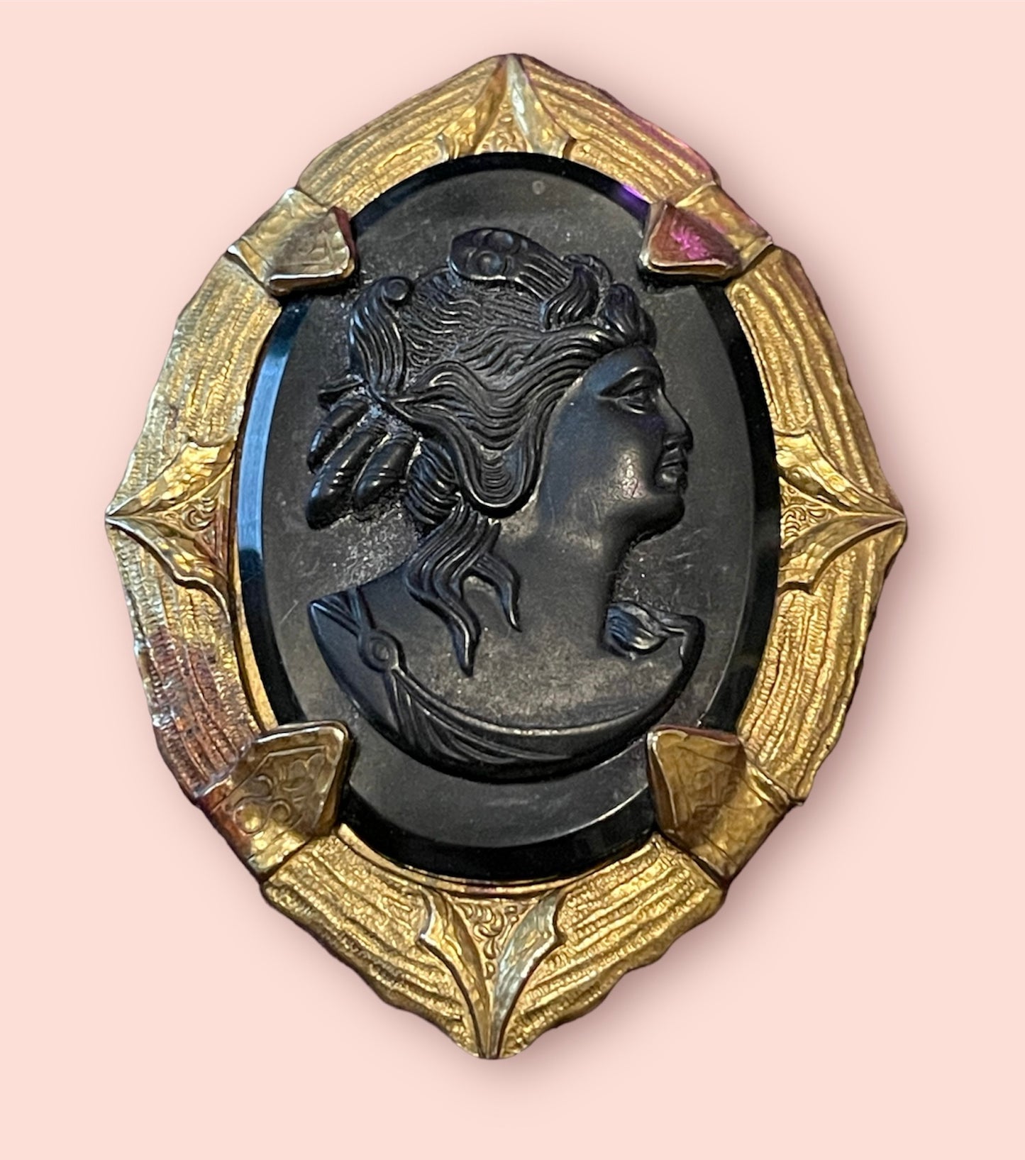 Victorian Black Mourning Cameo Brooch in Brass