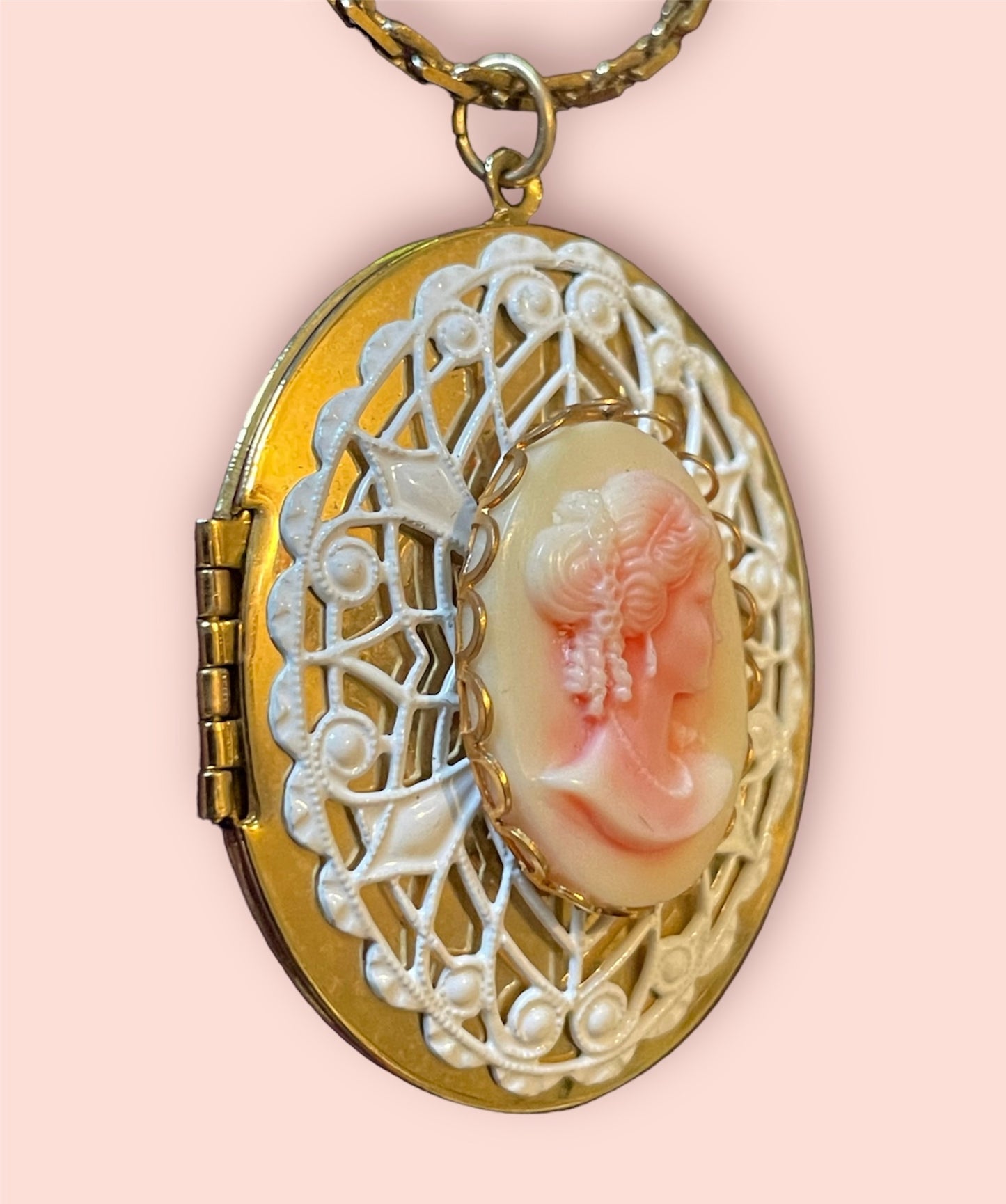 Pink & White Celluloid Lace Gold Cameo Vintage Locket Necklace